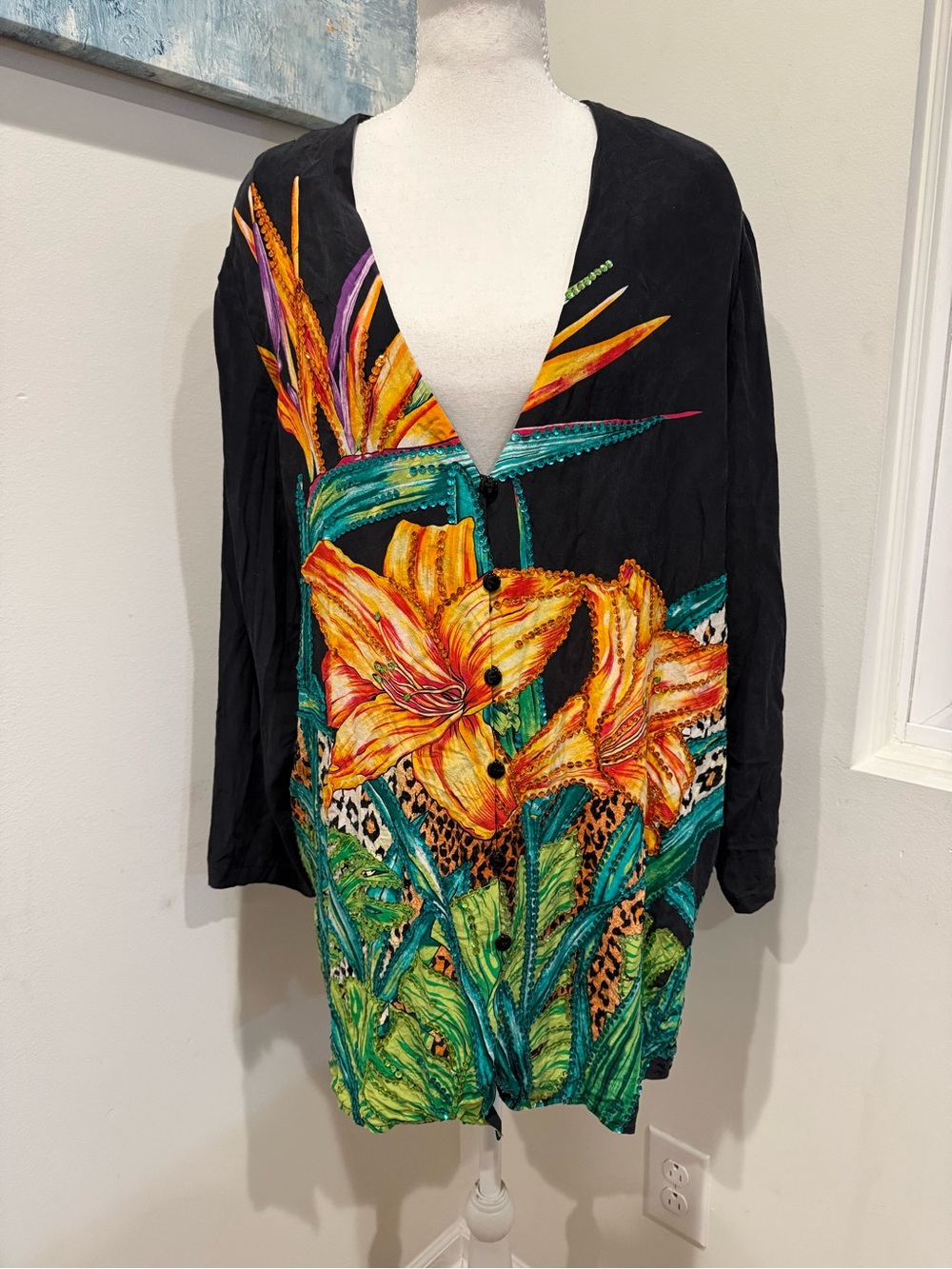 Vintage Diane Gilman Silk Sequins Tropical Blouse Birds Of Paradise Size 1X